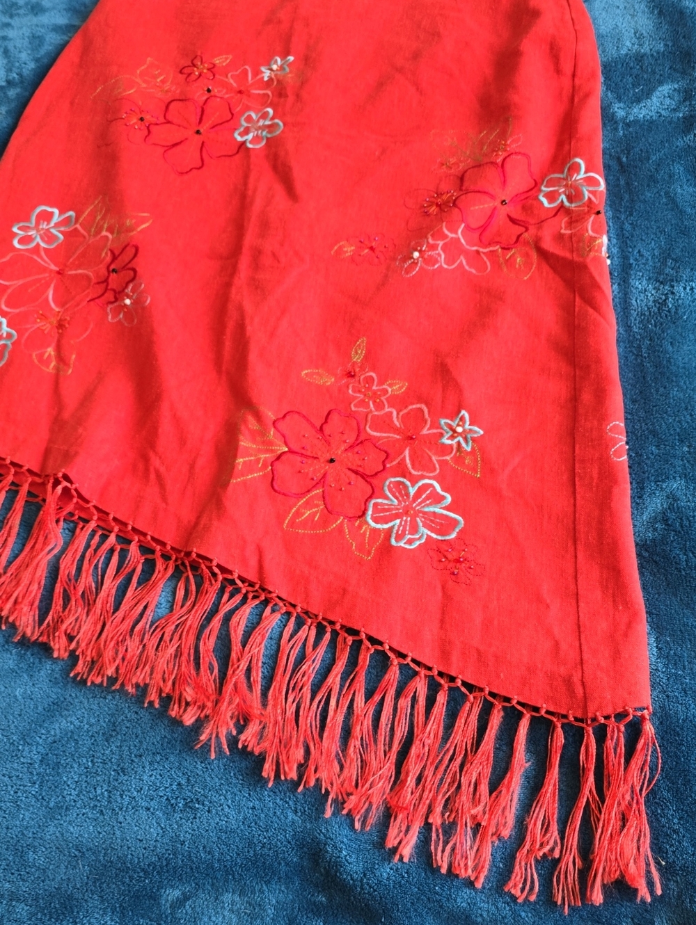 Red Floral Embroidered Fringe Skirt